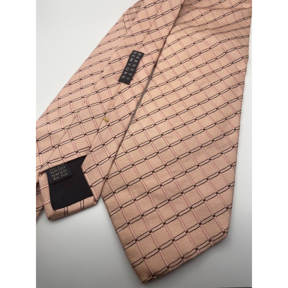 Barneys New York Bassi & Bassi Mens Silk Tie Salmon Pink Geometric Grid Italy